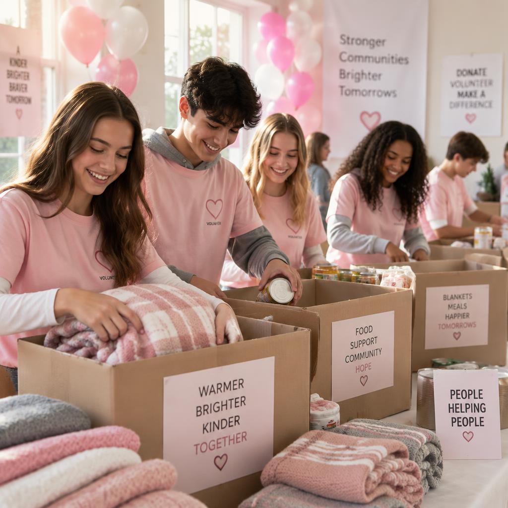 Volunteers packing donation boxes with blankets and food